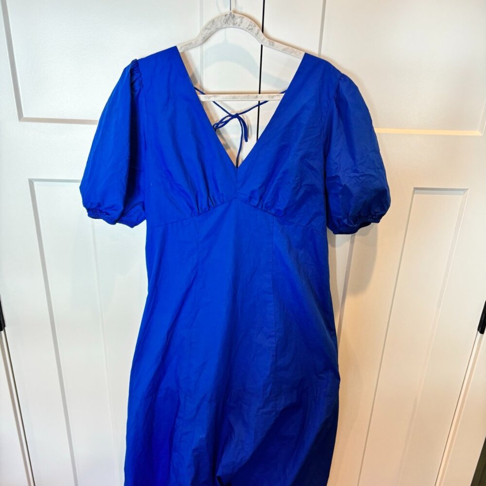 LOFT Blue Puff Sleeve Mini Dress Size 12 Smocked Back Tie